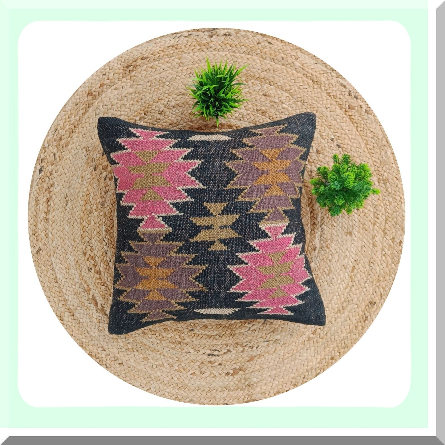 Vintage Boho Wool Jute Kilim Pillow Cover - Handwoven Farmhouse Cushion Case for Home Decor - Ethnic Pattern 11 - 18x18 Square Rug Pillow