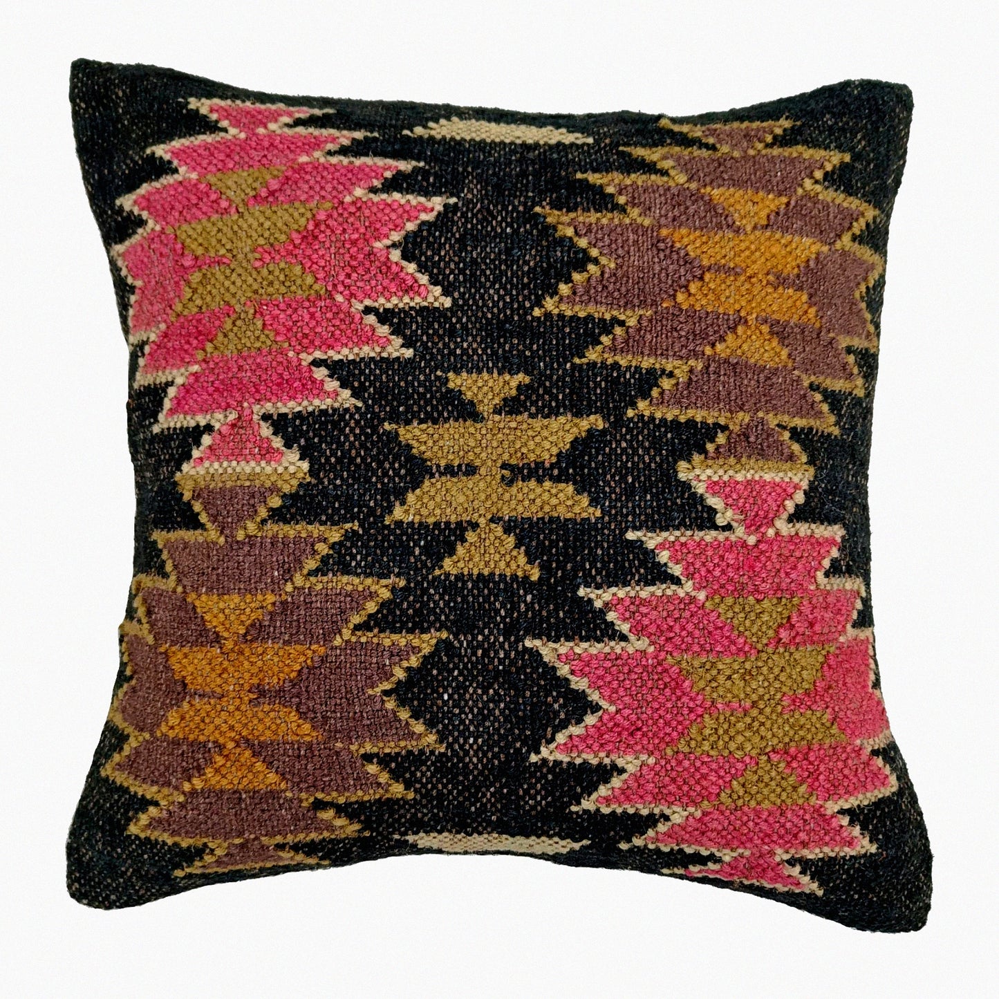 Vintage Boho Wool Jute Kilim Pillow Cover - Handwoven Farmhouse Cushion Case for Home Decor - Ethnic Pattern 11 - 18x18 Square Rug Pillow