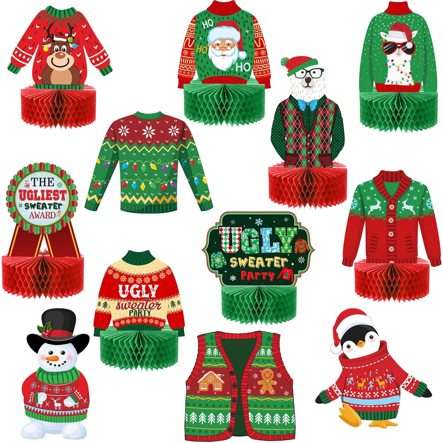 Festive Sweater Honeycomb Table Toppers - Set of 12 Xmas Centerpieces for Winter Holiday Parties. Add a cozy touch to your celebrations!