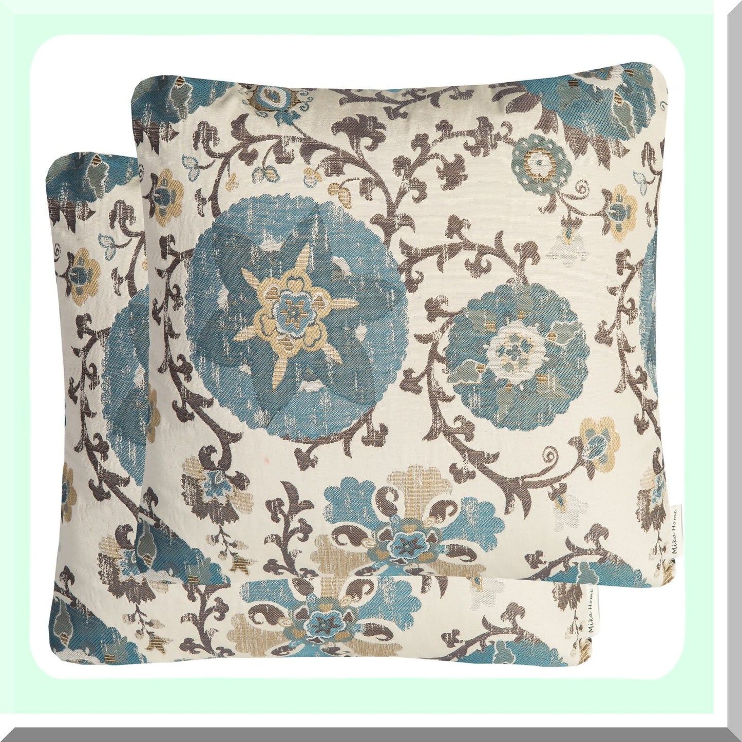 Vintage Circle Floral Jacquard Throw Pillow Covers - Set of 2 Cream Blue - 20X20 Insert Shells - Decorative Cushion Cases - Home Décor Accents