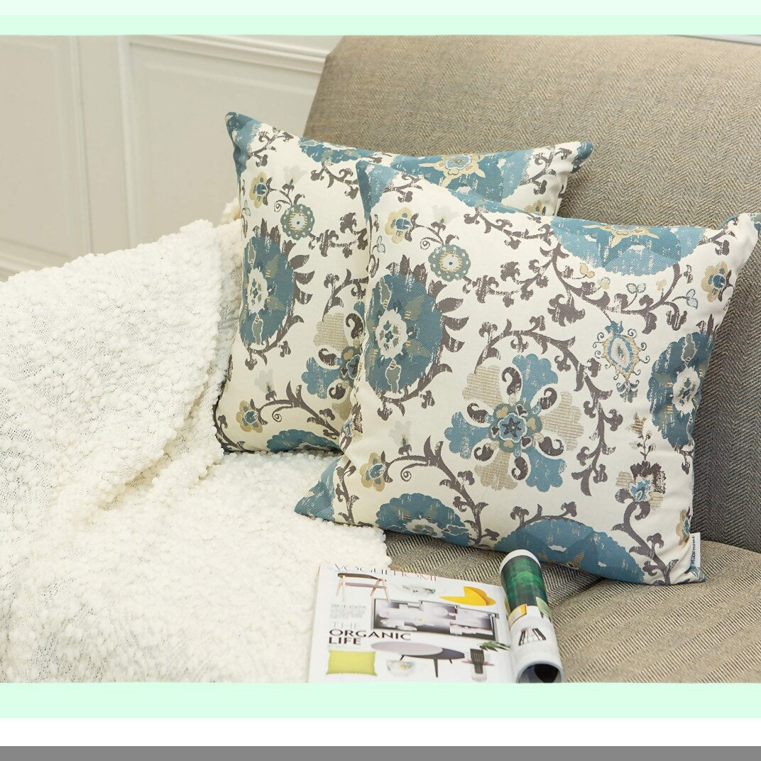 Vintage Circle Floral Jacquard Throw Pillow Covers - Set of 2 Cream Blue - 20X20 Insert Shells - Decorative Cushion Cases - Home Décor Accents