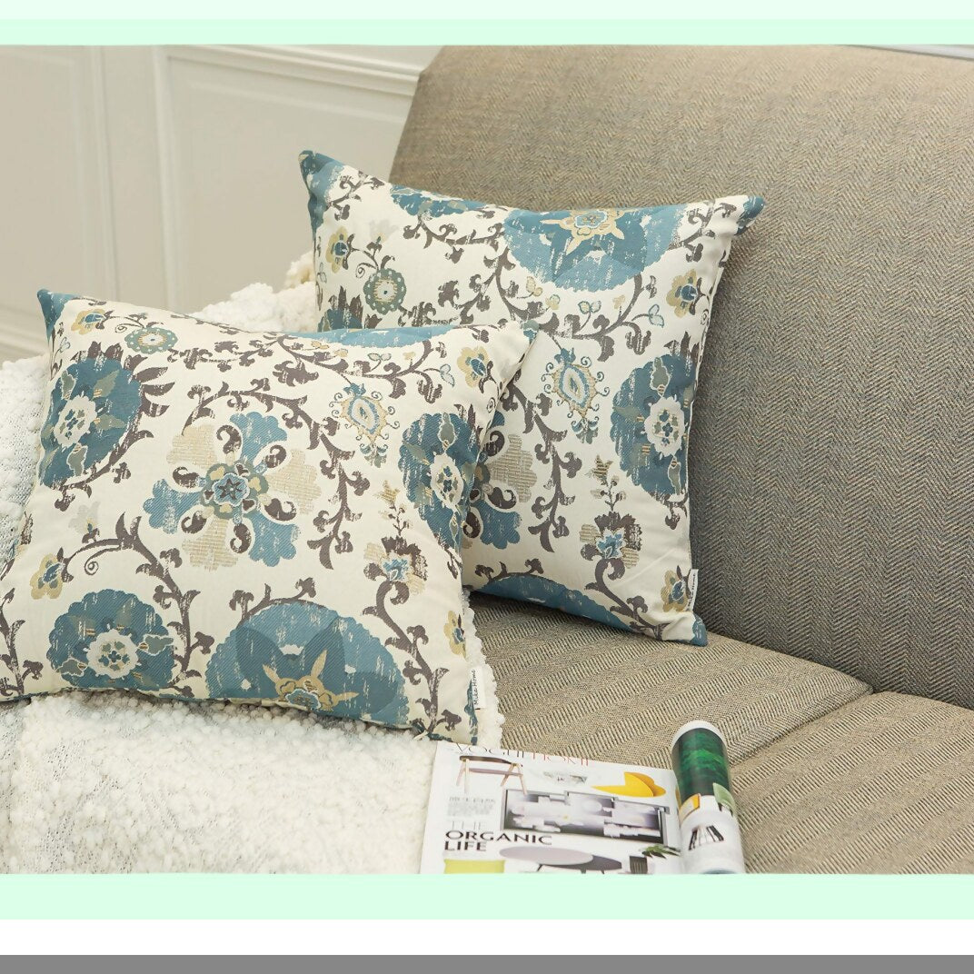 Vintage Circle Floral Jacquard Throw Pillow Covers - Set of 2 Cream Blue - 20X20 Insert Shells - Decorative Cushion Cases - Home Décor Accents