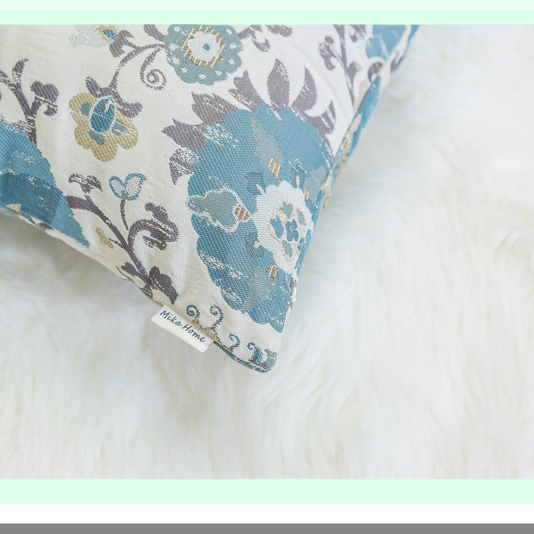 Vintage Circle Floral Jacquard Throw Pillow Covers - Set of 2 Cream Blue - 20X20 Insert Shells - Decorative Cushion Cases - Home Décor Accents