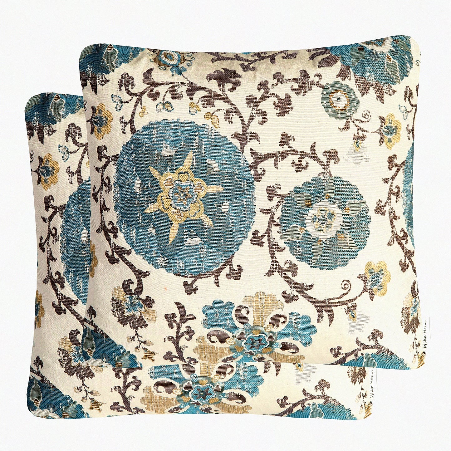 Vintage Circle Floral Jacquard Throw Pillow Covers - Set of 2 Cream Blue - 20X20 Insert Shells - Decorative Cushion Cases - Home Décor Accents