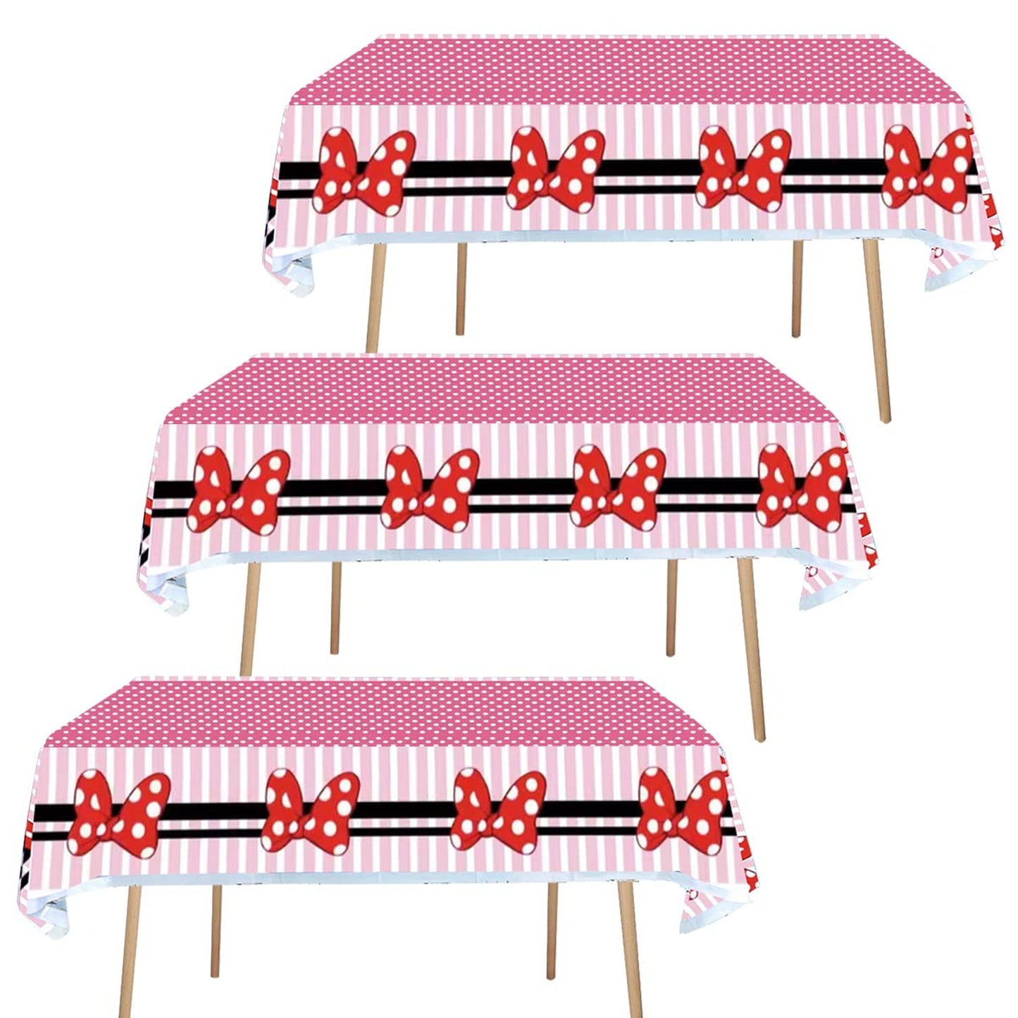 Pink Bow Mouse Tablecloth Set - 3pc Disposable Plastic Cover for Girls 1st Birthday, Baby Shower & Mouse Decorations. Oh Twodles Supplies.