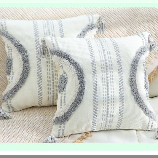 Boho Chic Cotton Pillowcase Set - Modern Farmhouse Decorative Cushion Covers for Couch Sofa & Bedroom - Neutral Grey Accent Pillows (18x18)