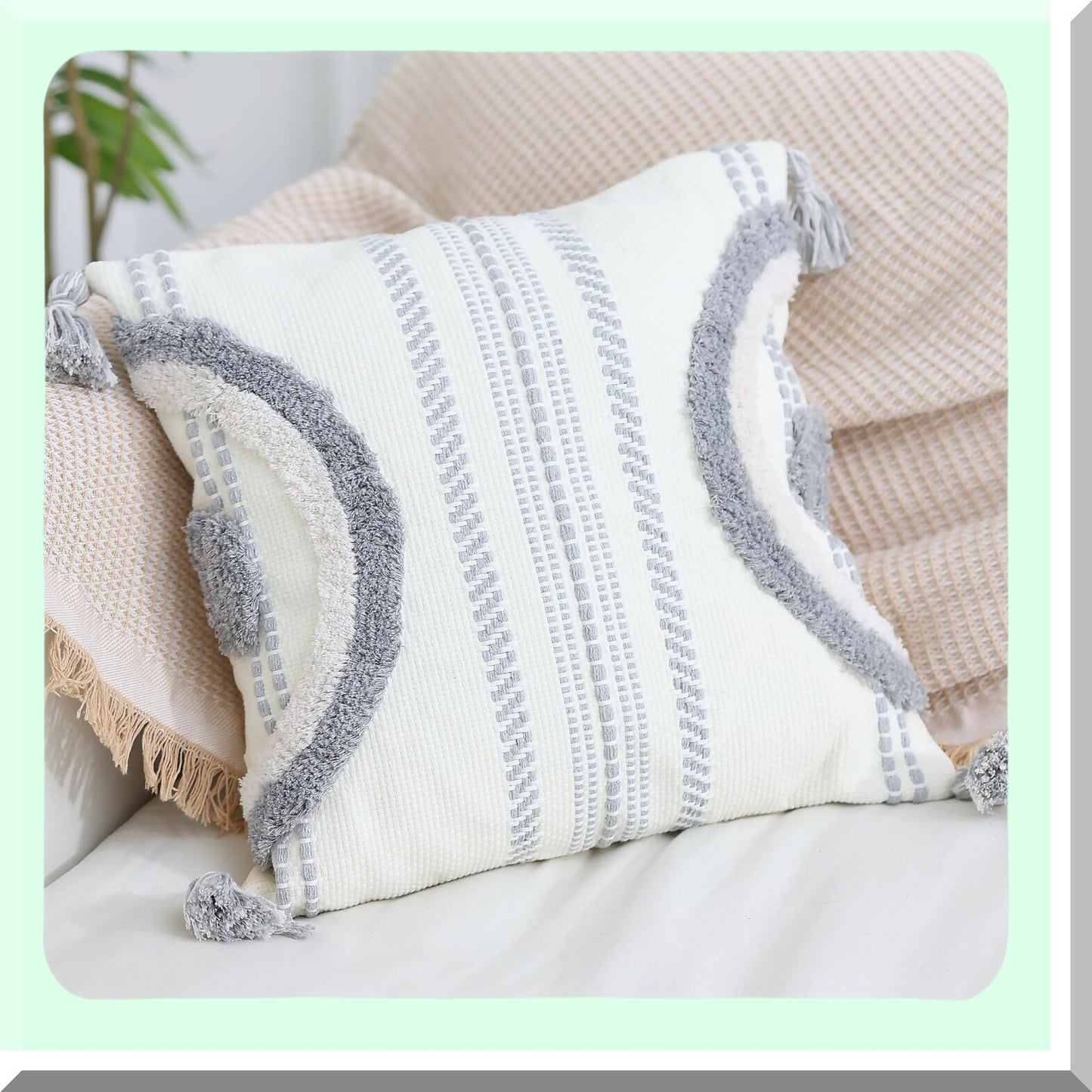Boho Chic Cotton Pillowcase Set - Modern Farmhouse Decorative Cushion Covers for Couch Sofa & Bedroom - Neutral Grey Accent Pillows (18x18)