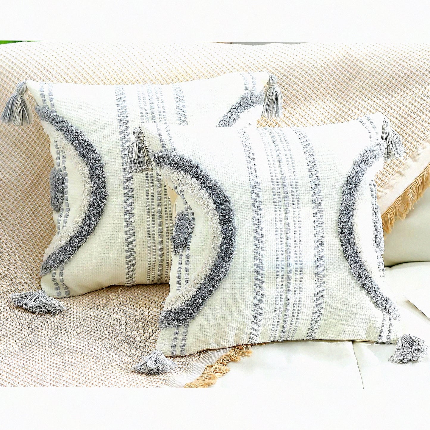 Boho Chic Cotton Pillowcase Set - Modern Farmhouse Decorative Cushion Covers for Couch Sofa & Bedroom - Neutral Grey Accent Pillows (18x18)