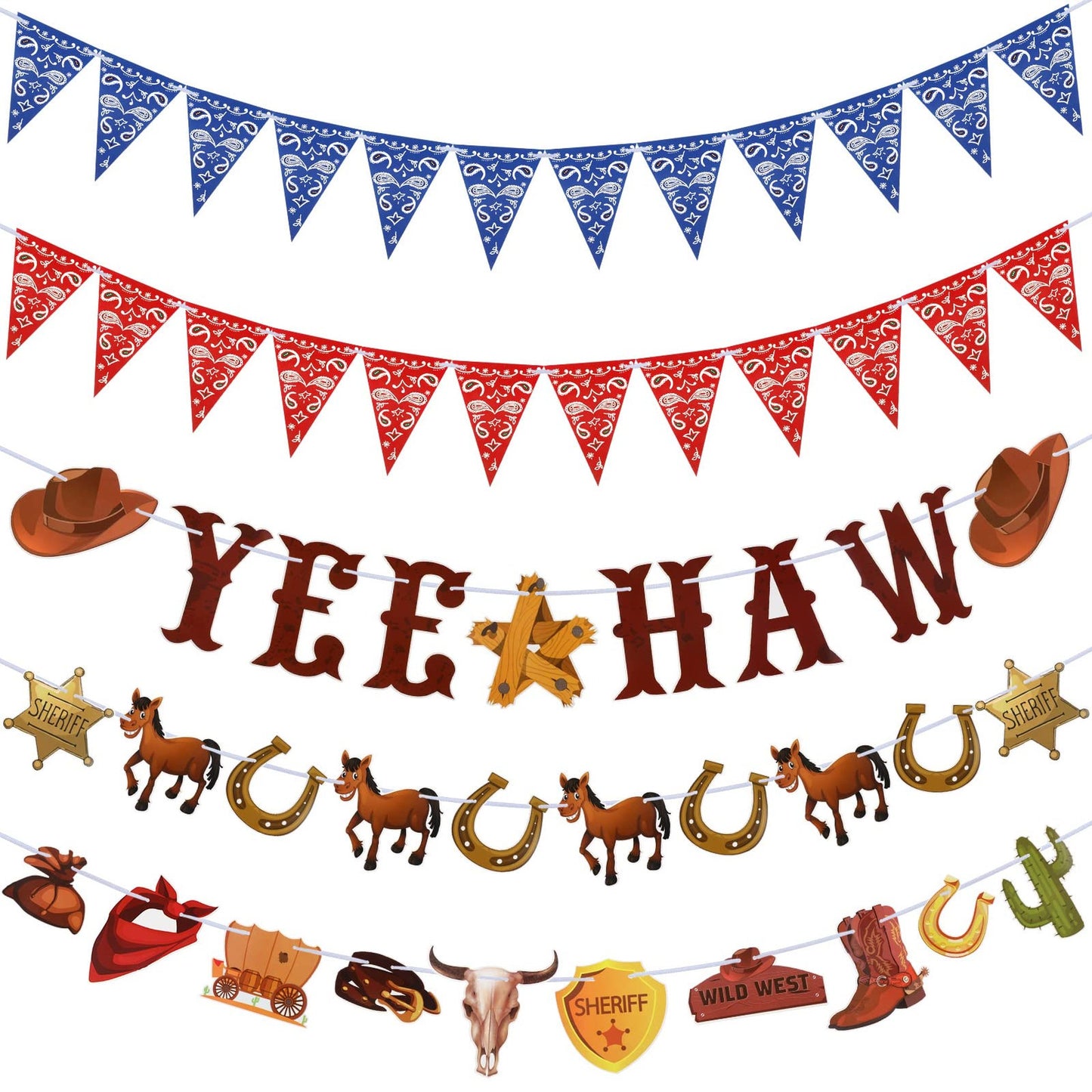 Yee Haw Bandana Pennant Banner - 5 Pcs Wild West Cowboy Decorations for Western Birthday Party - Hanging Cowboy Banner for Western Theme Party