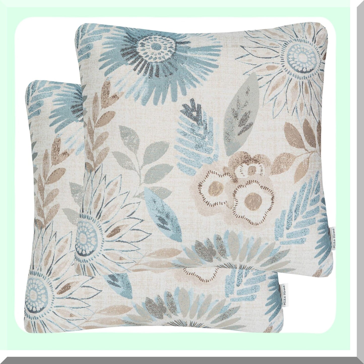 Sunflower Bliss Pillow Covers - Set of 2 Decorative Cases for Sofa Couch Bed, 22x22 Inches, Blue Cream Design - Home Decor Accent
