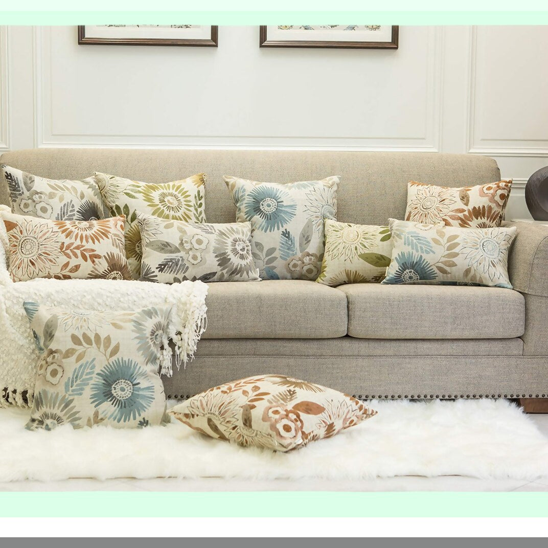 Sunflower Bliss Pillow Covers - Set of 2 Decorative Cases for Sofa Couch Bed, 22x22 Inches, Blue Cream Design - Home Decor Accent