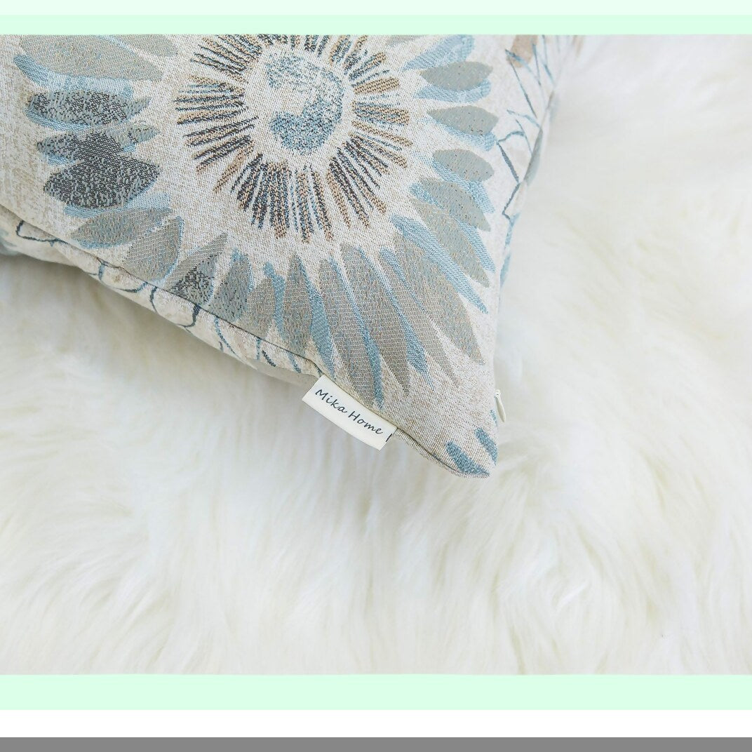 Sunflower Bliss Pillow Covers - Set of 2 Decorative Cases for Sofa Couch Bed, 22x22 Inches, Blue Cream Design - Home Decor Accent