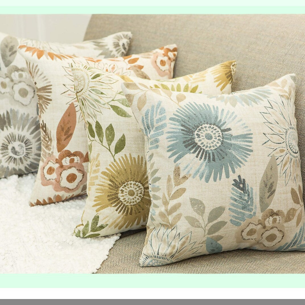 Sunflower Bliss Pillow Covers - Set of 2 Decorative Cases for Sofa Couch Bed, 22x22 Inches, Blue Cream Design - Home Decor Accent