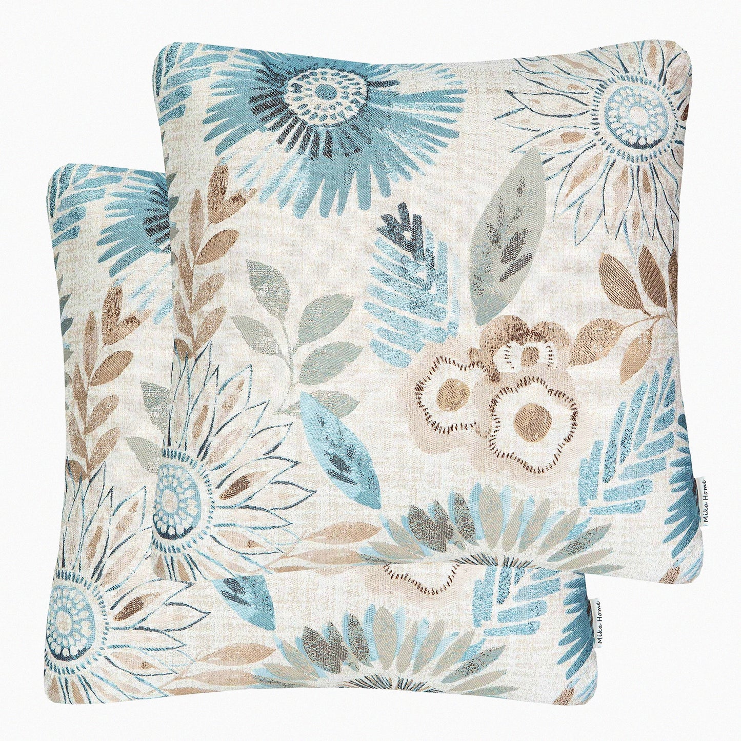Sunflower Bliss Pillow Covers - Set of 2 Decorative Cases for Sofa Couch Bed, 22x22 Inches, Blue Cream Design - Home Decor Accent