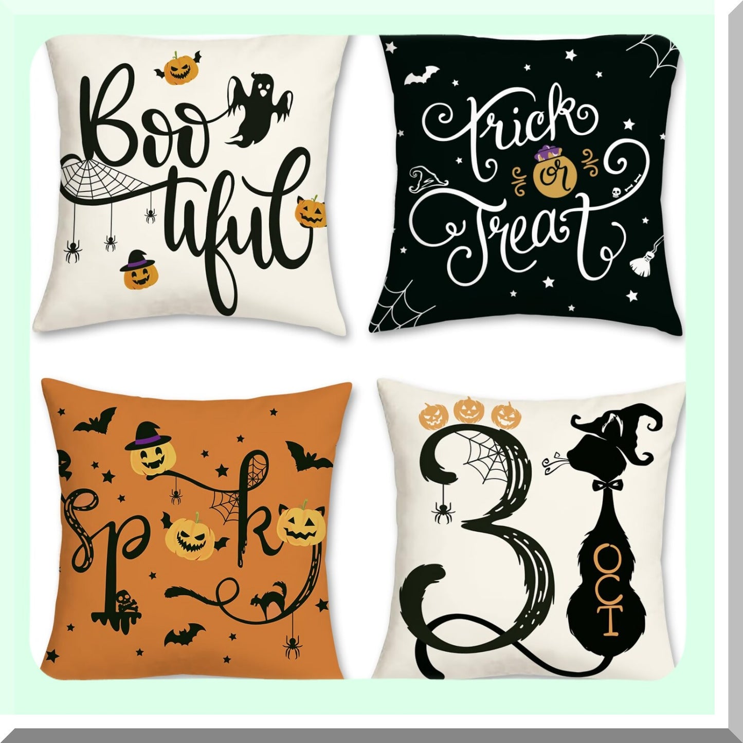 Halloween Haunt Pillow Covers - Set of 4 Spooky Trick or Treat Orange & Black Velvet Cushion Cases for Couch, Sofa, Bed Decor - 18 x 18 Inch