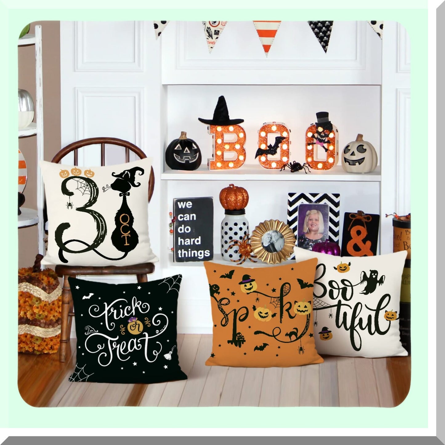 Halloween Haunt Pillow Covers - Set of 4 Spooky Trick or Treat Orange & Black Velvet Cushion Cases for Couch, Sofa, Bed Decor - 18 x 18 Inch