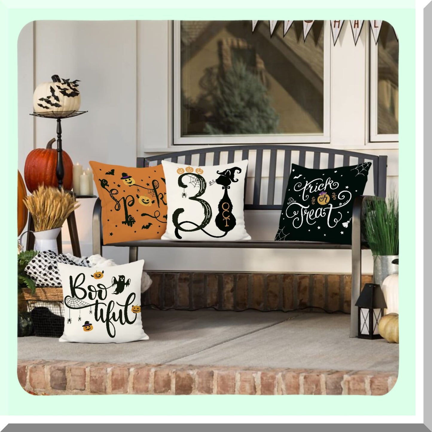 Halloween Haunt Pillow Covers - Set of 4 Spooky Trick or Treat Orange & Black Velvet Cushion Cases for Couch, Sofa, Bed Decor - 18 x 18 Inch