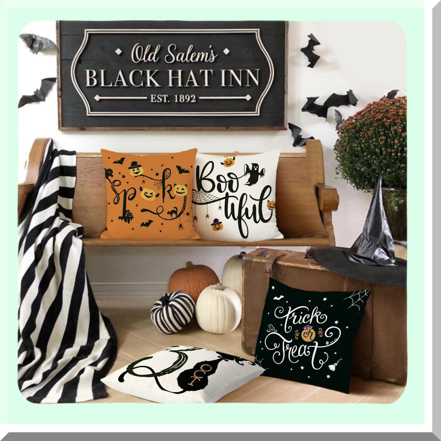 Halloween Haunt Pillow Covers - Set of 4 Spooky Trick or Treat Orange & Black Velvet Cushion Cases for Couch, Sofa, Bed Decor - 18 x 18 Inch