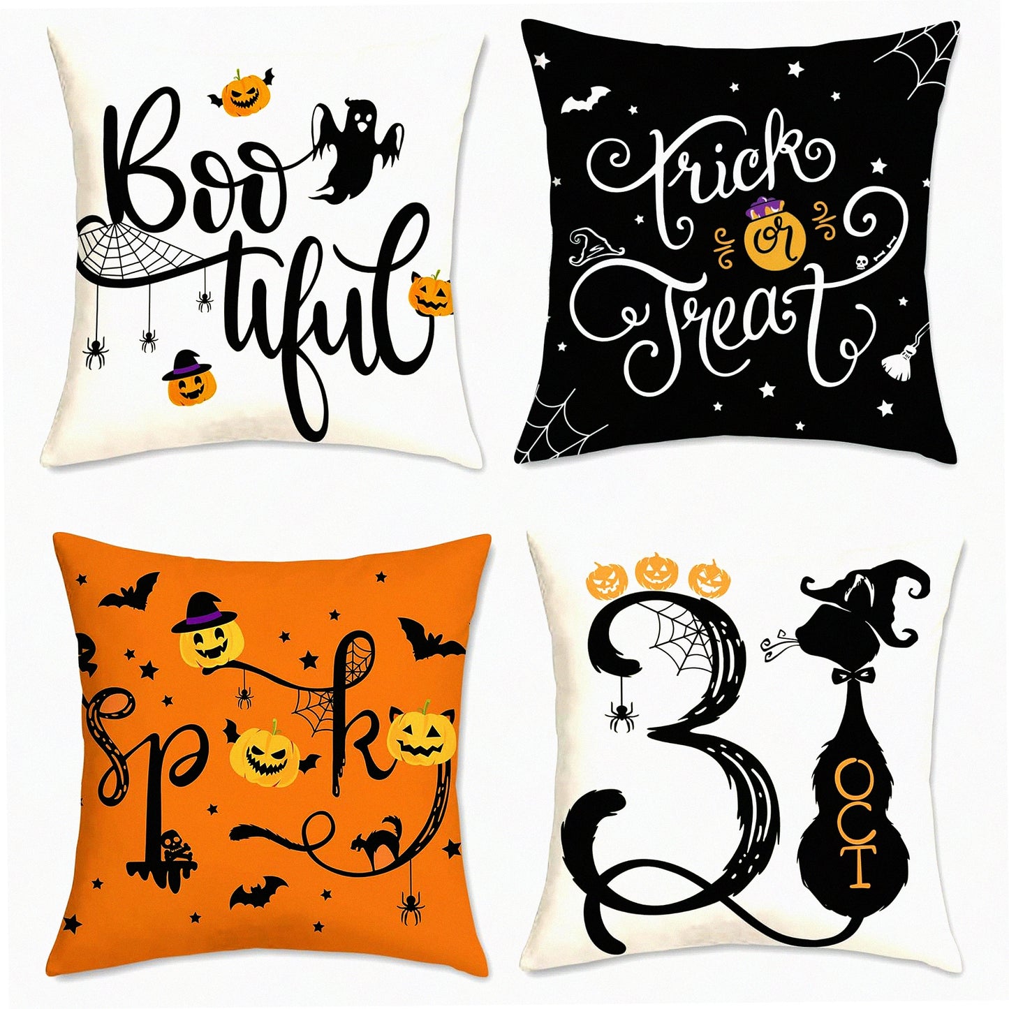 Halloween Haunt Pillow Covers - Set of 4 Spooky Trick or Treat Orange & Black Velvet Cushion Cases for Couch, Sofa, Bed Decor - 18 x 18 Inch