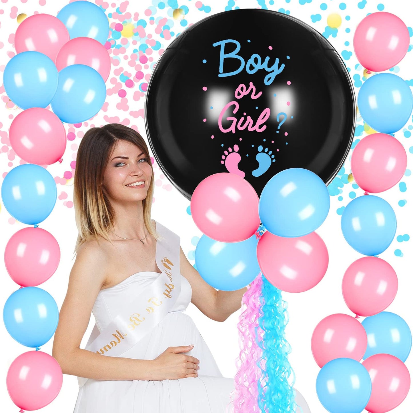 Gender Reveal Confetti Balloon Set - 24pc 36" Black Boy or Girl Balloon Kit with Tels, Latex Blue & Pink Balloons - Baby Shower Party Supplies for Kids' Celebration