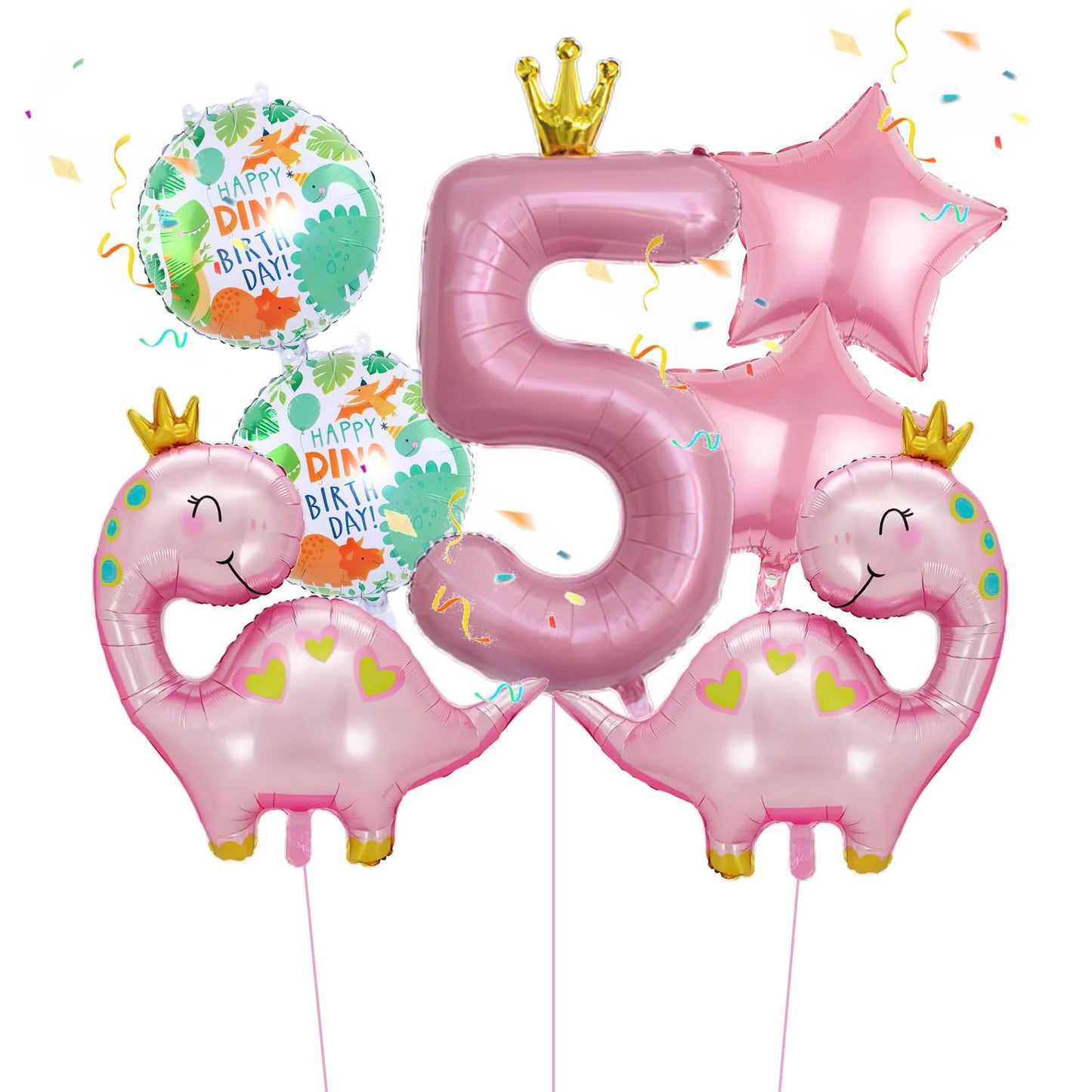 Pink Dino Crown Balloon Set - 7pc Girl Birthday Number Mylar & F Balloon Kit for 5th Birthday Party Decorations. Perfect for Dino-themed parties!