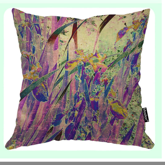 Nature's Vintage Iris Floral Throw Pillow - Decorative Cushion Cover for Home Decor - Square Cotton Linen Accent Pillow Case in Purple and Green - 18x18 Inch