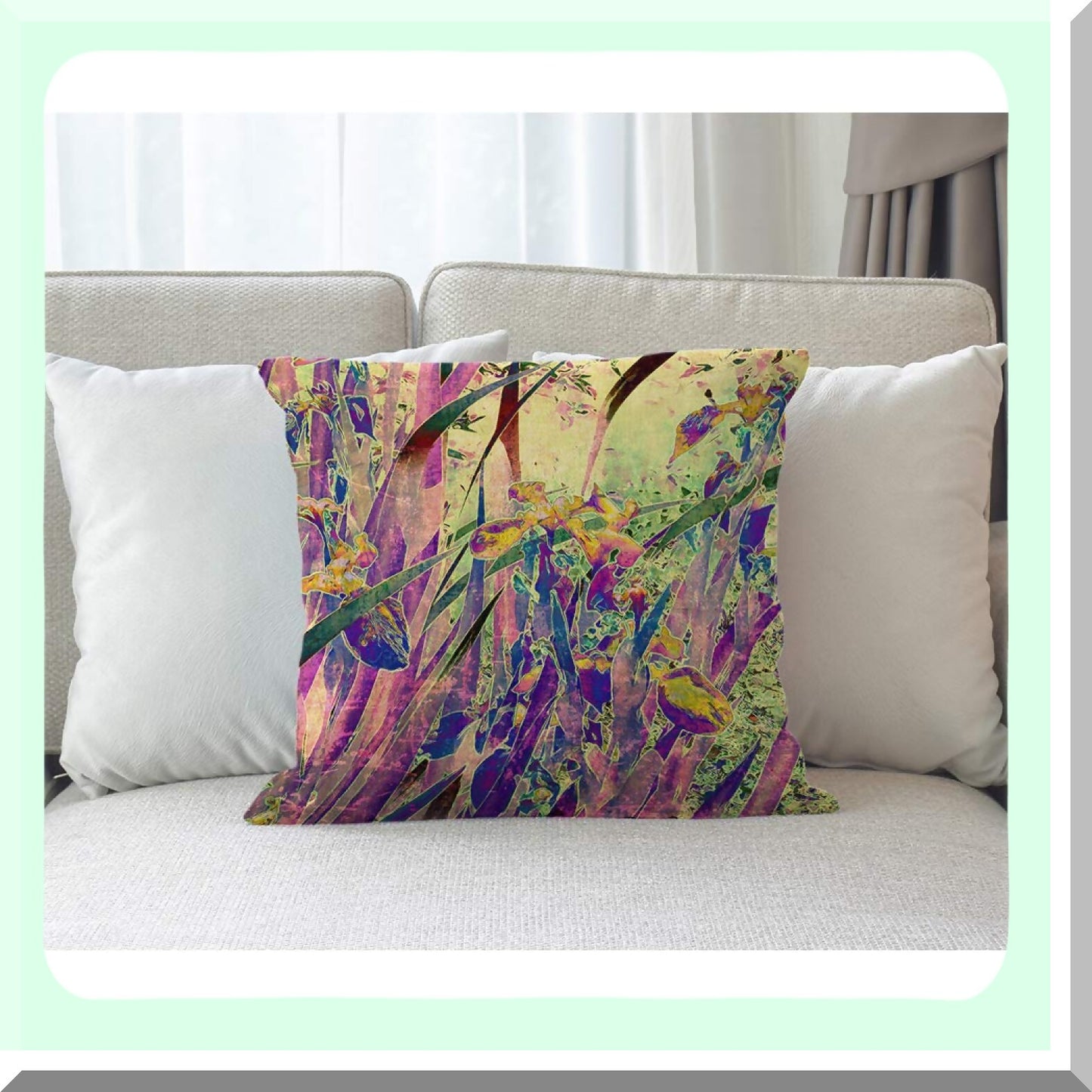 Nature's Vintage Iris Floral Throw Pillow - Decorative Cushion Cover for Home Decor - Square Cotton Linen Accent Pillow Case in Purple and Green - 18x18 Inch