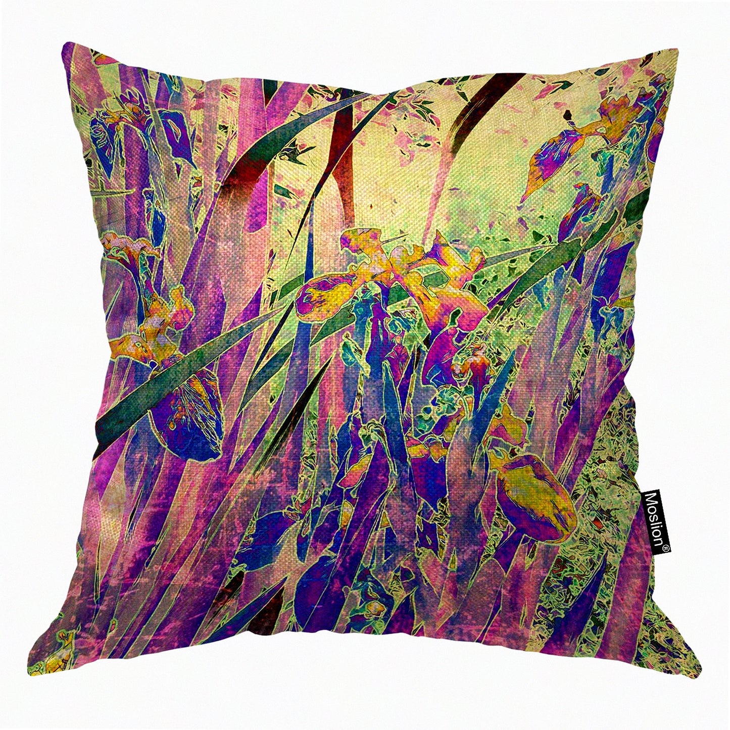 Nature's Vintage Iris Floral Throw Pillow - Decorative Cushion Cover for Home Decor - Square Cotton Linen Accent Pillow Case in Purple and Green - 18x18 Inch