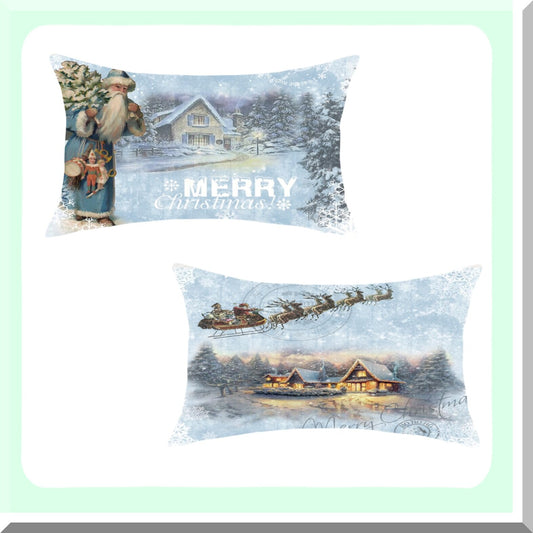 Winter Wonderland Farmhouse Pillow Covers - Set of 2 Snow Claus Reindeer Decorative Cushion Cases for Sofa Couch - Xmax Seasonal 12x20 Inch Home Décor