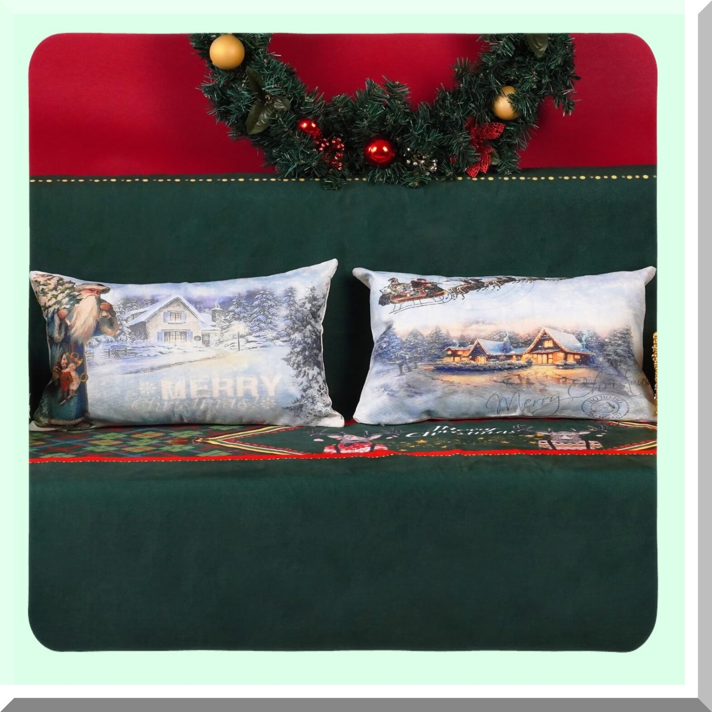 Winter Wonderland Farmhouse Pillow Covers - Set of 2 Snow Claus Reindeer Decorative Cushion Cases for Sofa Couch - Xmax Seasonal 12x20 Inch Home Décor