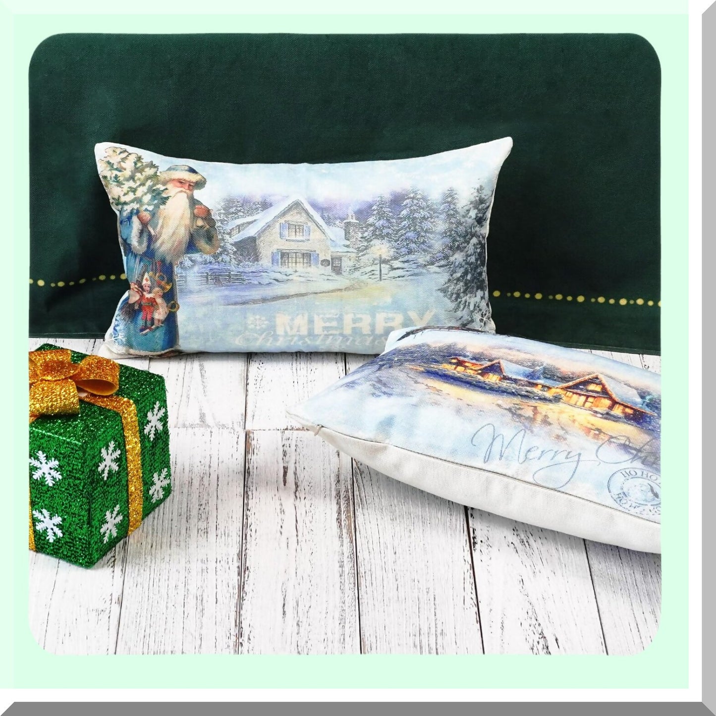 Winter Wonderland Farmhouse Pillow Covers - Set of 2 Snow Claus Reindeer Decorative Cushion Cases for Sofa Couch - Xmax Seasonal 12x20 Inch Home Décor