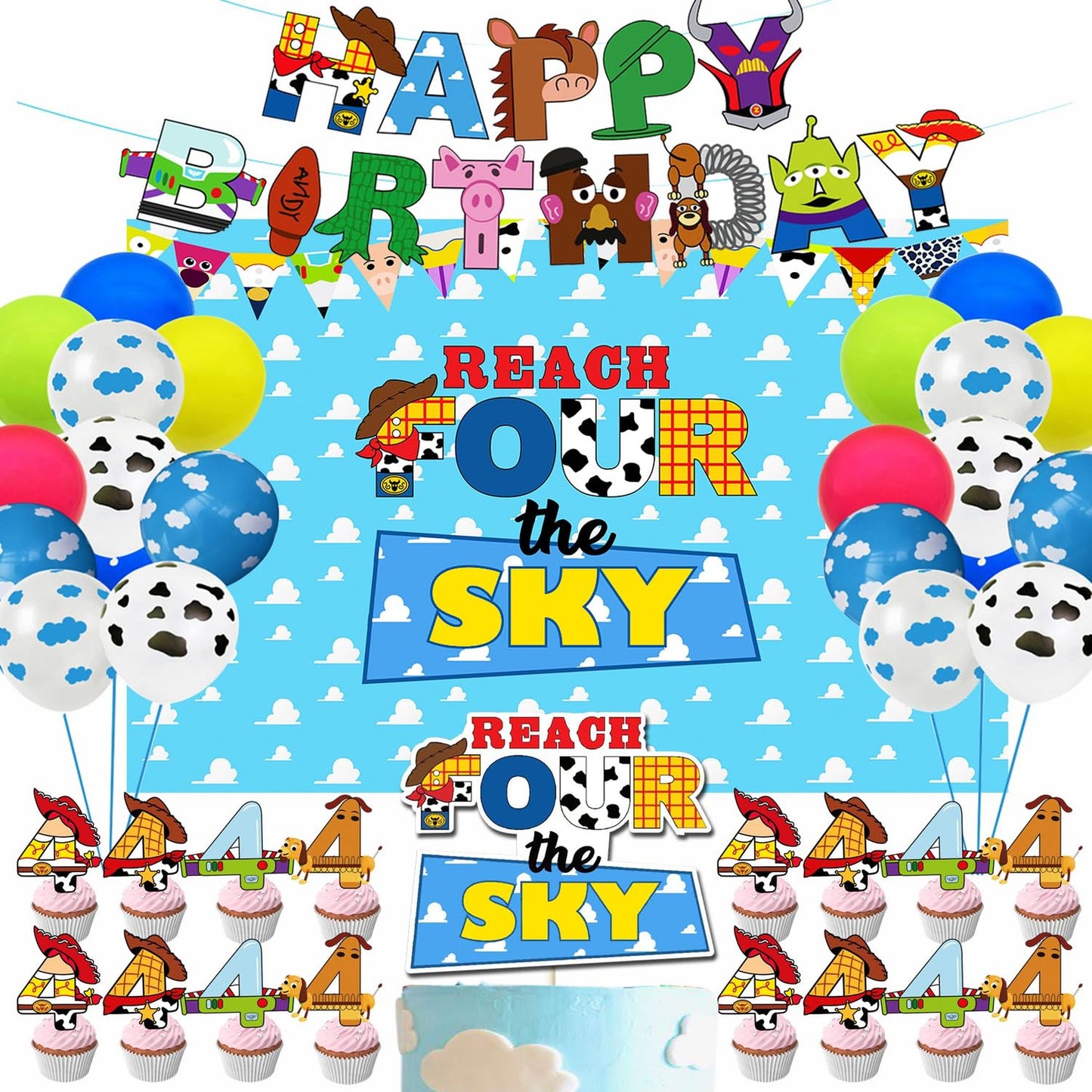 Cartoon Sky Party Pack - 4th Birthday Decor Set with Cake Topper, Backdrop, Cupcake Toppers, Balloons, and Banner for Boys and Girls Story Theme Party