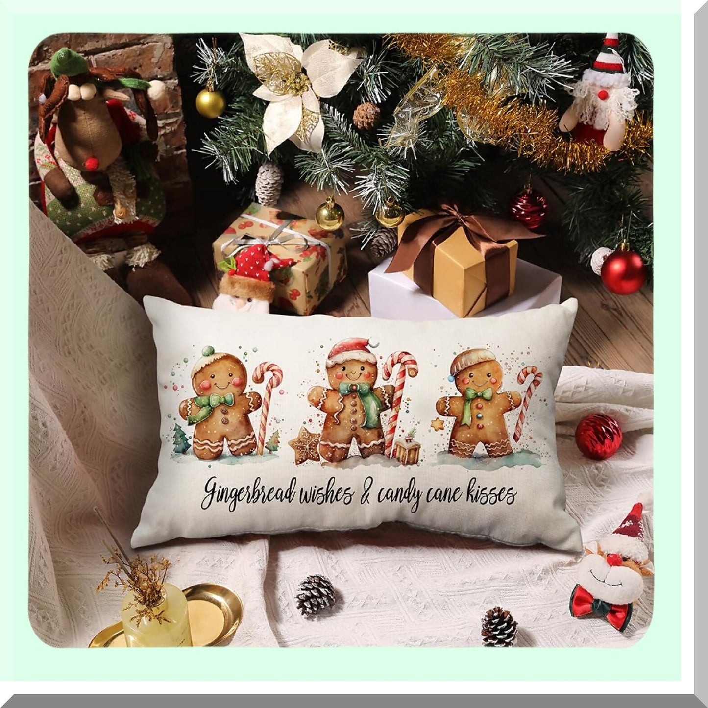 Winter Wonderland Gingerbread Pillow Covers - Set of 2 12x20 Inch White Throw Pillows for Home Decor, Merry Christmas Couch Accessories