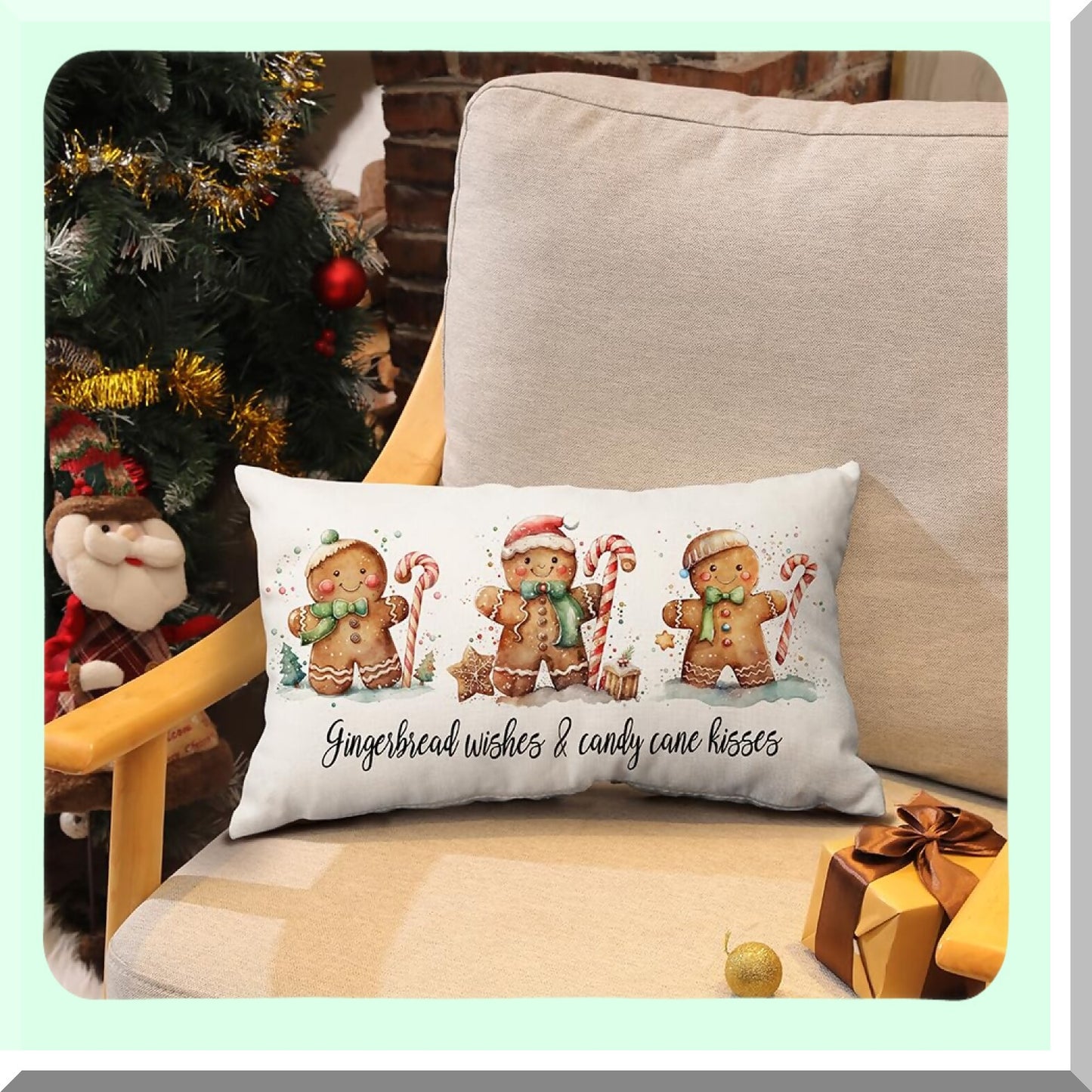 Winter Wonderland Gingerbread Pillow Covers - Set of 2 12x20 Inch White Throw Pillows for Home Decor, Merry Christmas Couch Accessories