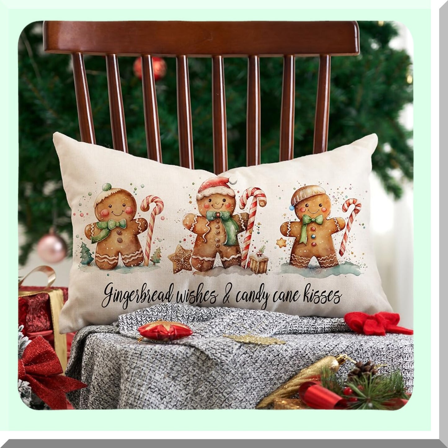 Winter Wonderland Gingerbread Pillow Covers - Set of 2 12x20 Inch White Throw Pillows for Home Decor, Merry Christmas Couch Accessories