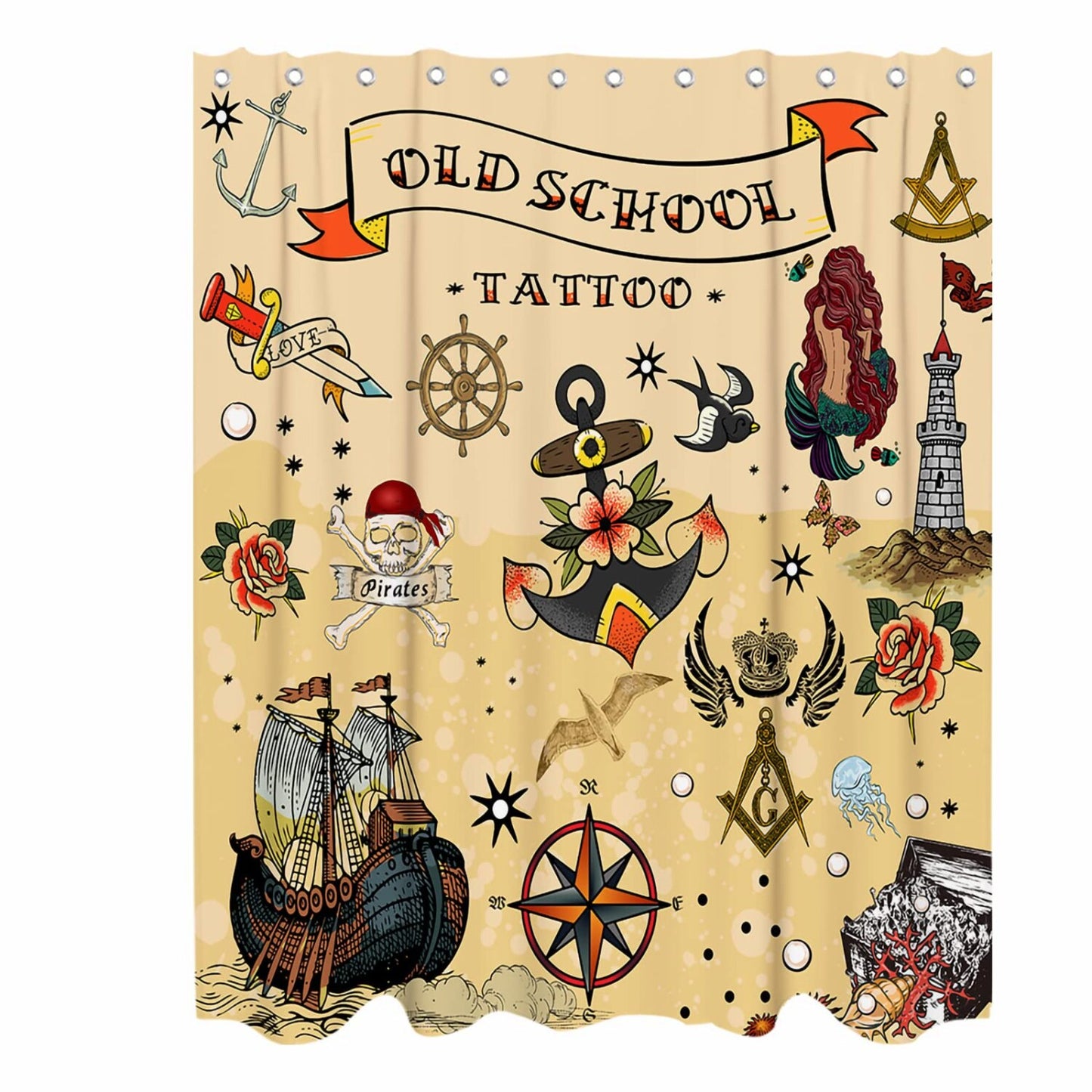 Nautical Mermaid Skull Shower Curtain Set 72x72 inches