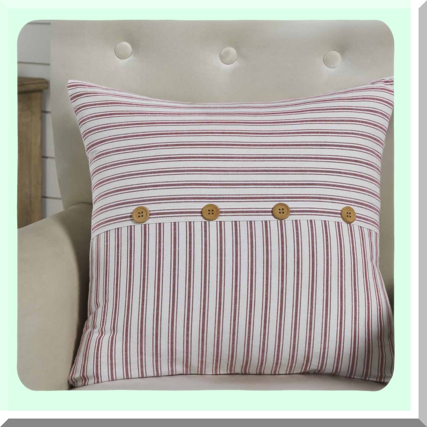 Vintage Americana Buttoned Throw Pillow Cover - Timeless Ticking Red Farmhouse Decor - Patriotic Accent Cushion Case 20x20