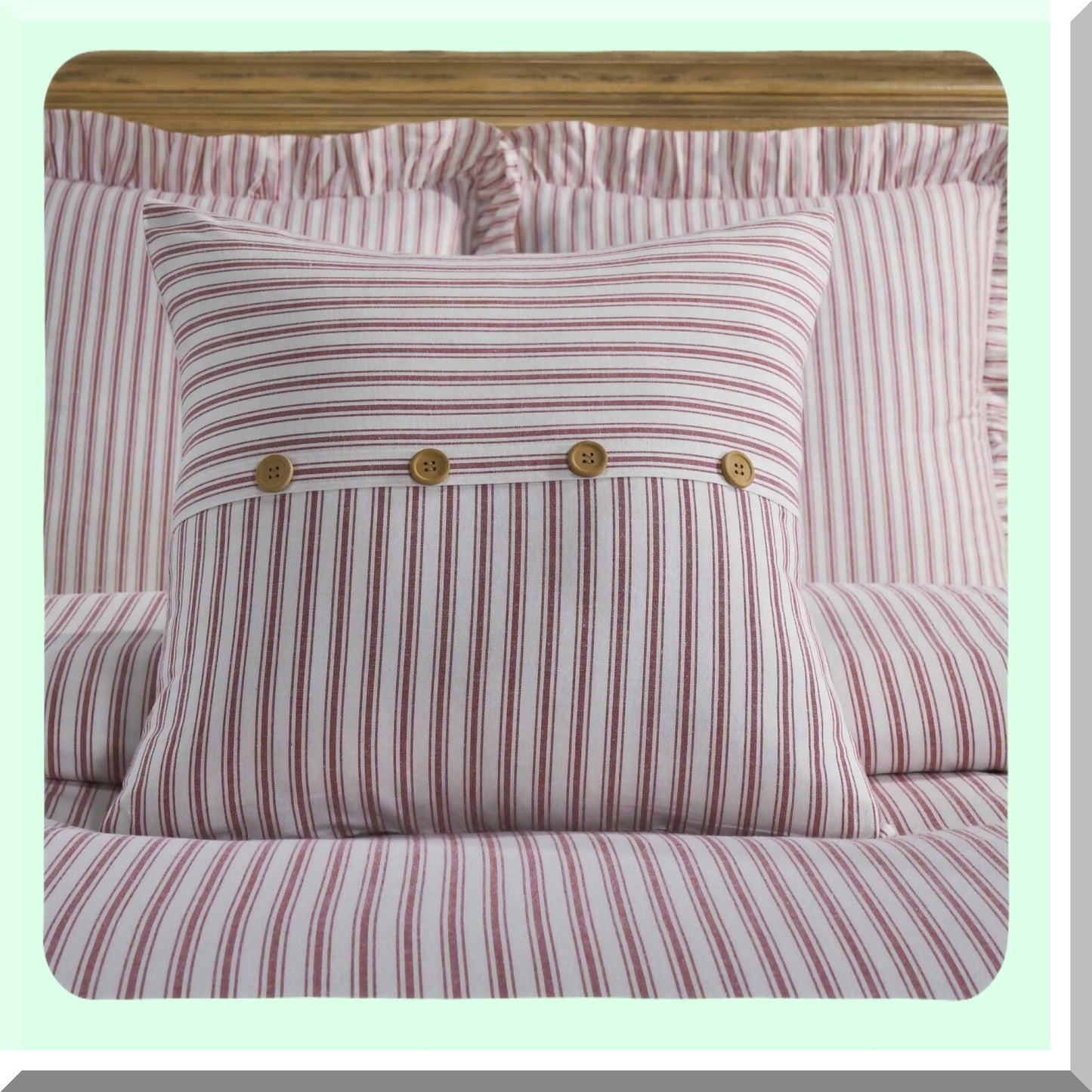 Vintage Americana Buttoned Throw Pillow Cover - Timeless Ticking Red Farmhouse Decor - Patriotic Accent Cushion Case 20x20