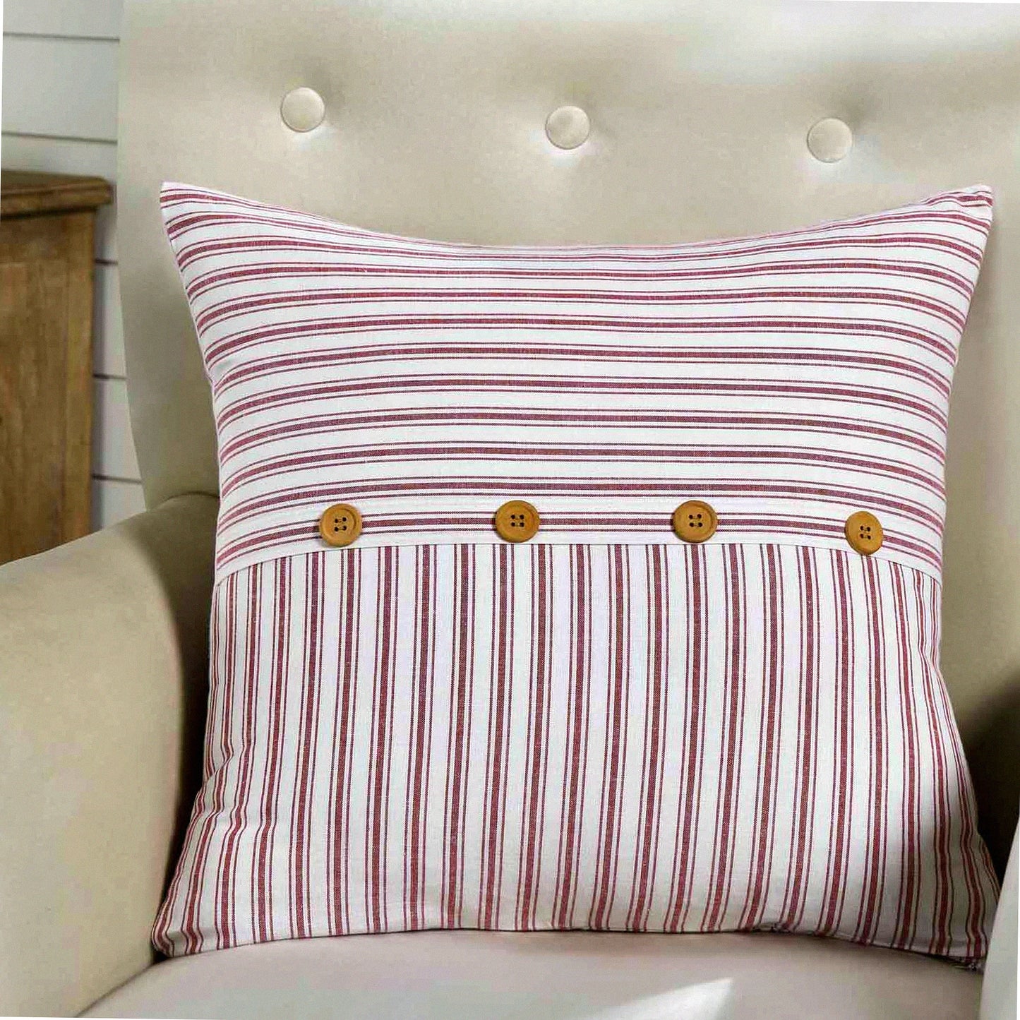 Vintage Americana Buttoned Throw Pillow Cover - Timeless Ticking Red Farmhouse Decor - Patriotic Accent Cushion Case 20x20