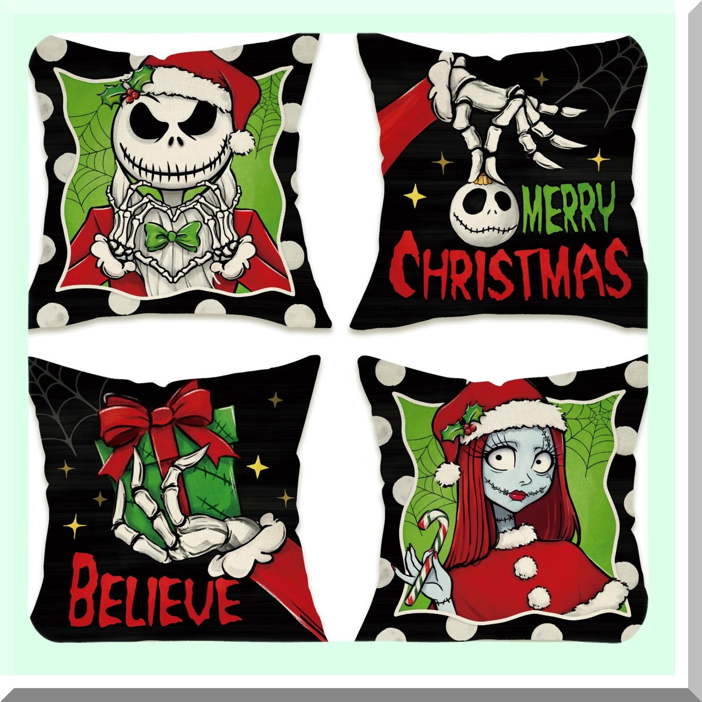 Winter Wonderland Holiday Pillow Covers - Set of 4, Christmas Gift Black Green Outdoor Pillowcase, Polka Dot Jack Sally Cushion Case Home Decor - 18x18