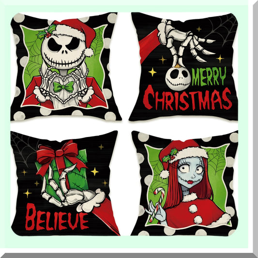 Winter Wonderland Holiday Pillow Covers - Set of 4, Christmas Gift Black Green Outdoor Pillowcase, Polka Dot Jack Sally Cushion Case Home Decor - 18x18