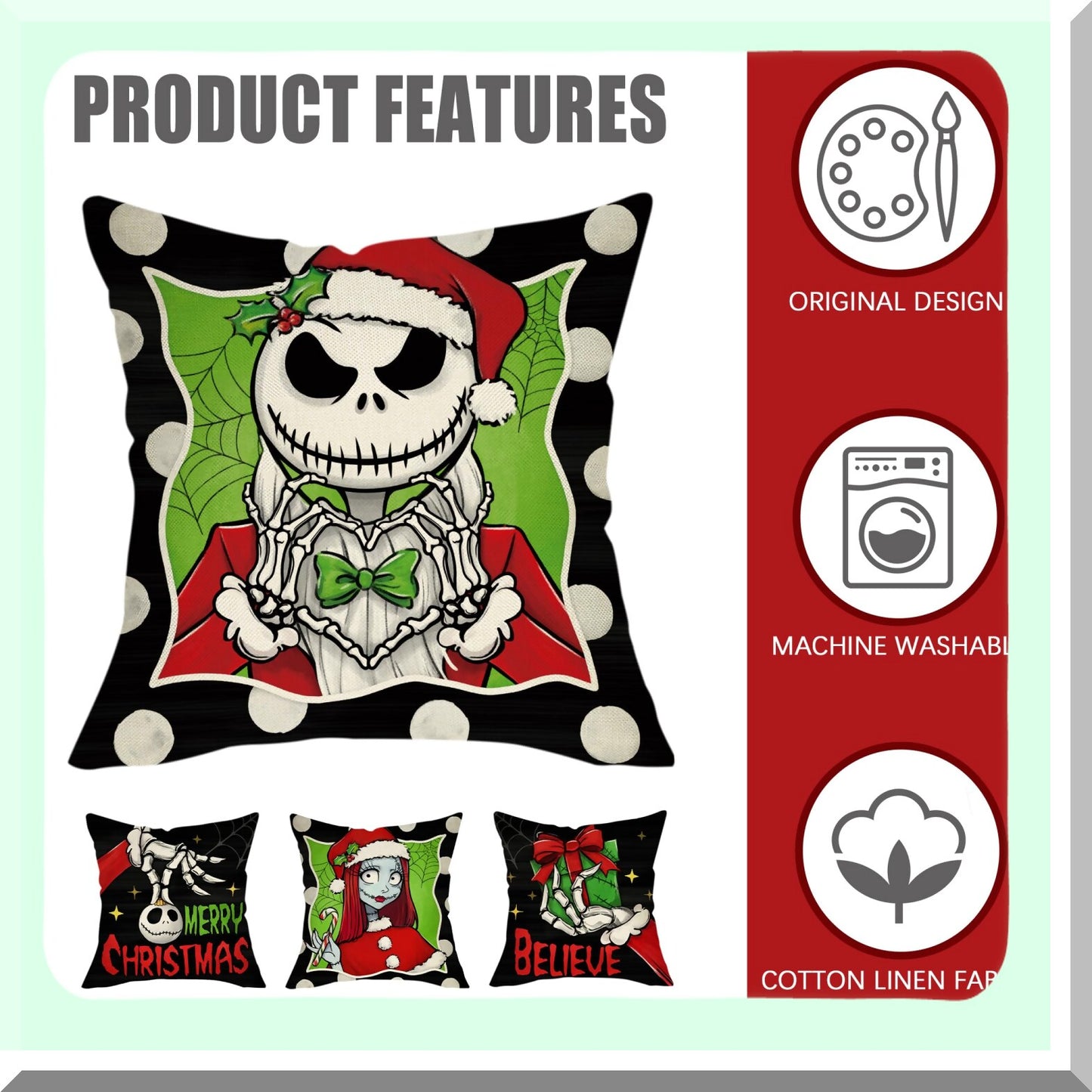 Winter Wonderland Holiday Pillow Covers - Set of 4, Christmas Gift Black Green Outdoor Pillowcase, Polka Dot Jack Sally Cushion Case Home Decor - 18x18