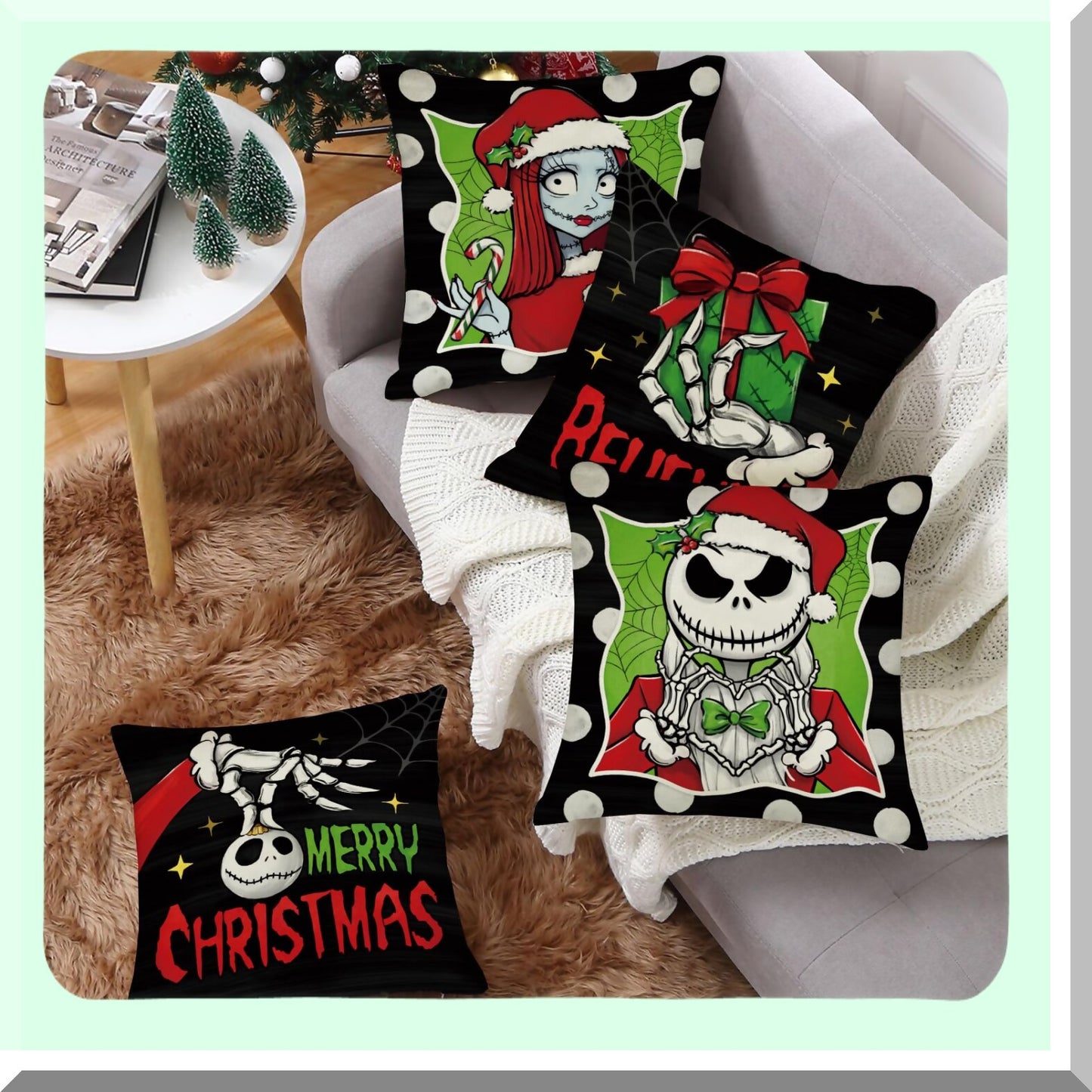 Winter Wonderland Holiday Pillow Covers - Set of 4, Christmas Gift Black Green Outdoor Pillowcase, Polka Dot Jack Sally Cushion Case Home Decor - 18x18