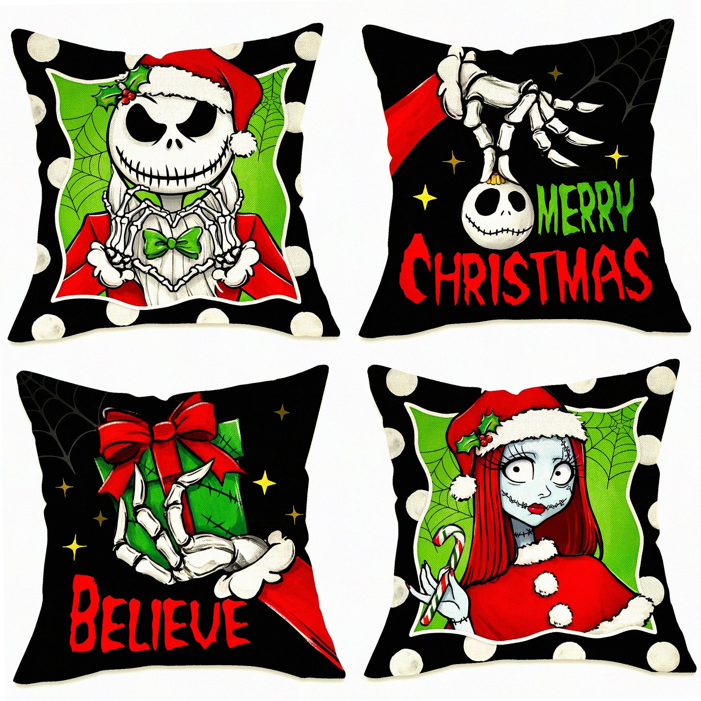 Winter Wonderland Holiday Pillow Covers - Set of 4, Christmas Gift Black Green Outdoor Pillowcase, Polka Dot Jack Sally Cushion Case Home Decor - 18x18