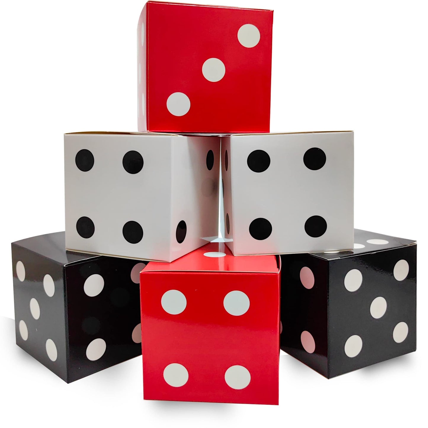 Casino Dice Party Favor Boxes - Bulk Set of 12 - Game Night Decorations - Centerpiece Decor - Casino Themed Goodie Boxes - Black, White, Red - 6 x 6 x 6 Inch
