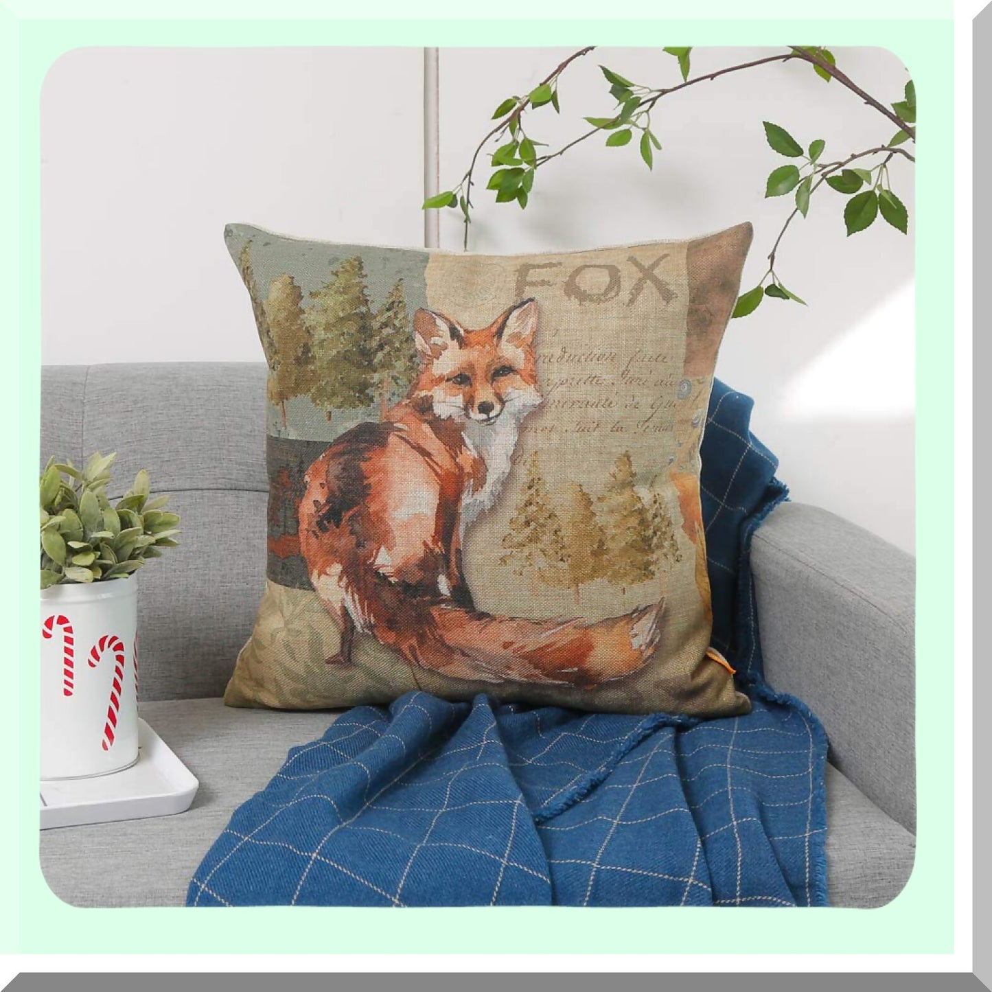 Rustic Fox Cabin Decor Pillow Cover - Vintage Throw Cushion Case for Living Room, Bed, Sofa, Car - 18x18 Inches Cotton Linen Square - CC1795