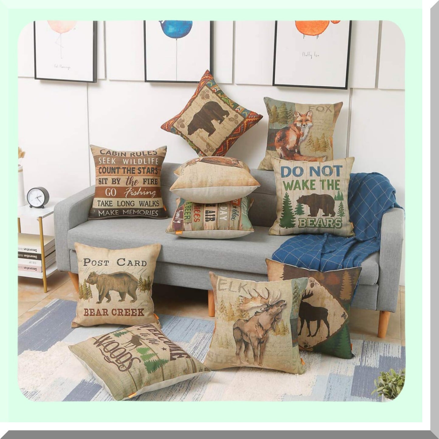 Rustic Fox Cabin Decor Pillow Cover - Vintage Throw Cushion Case for Living Room, Bed, Sofa, Car - 18x18 Inches Cotton Linen Square - CC1795