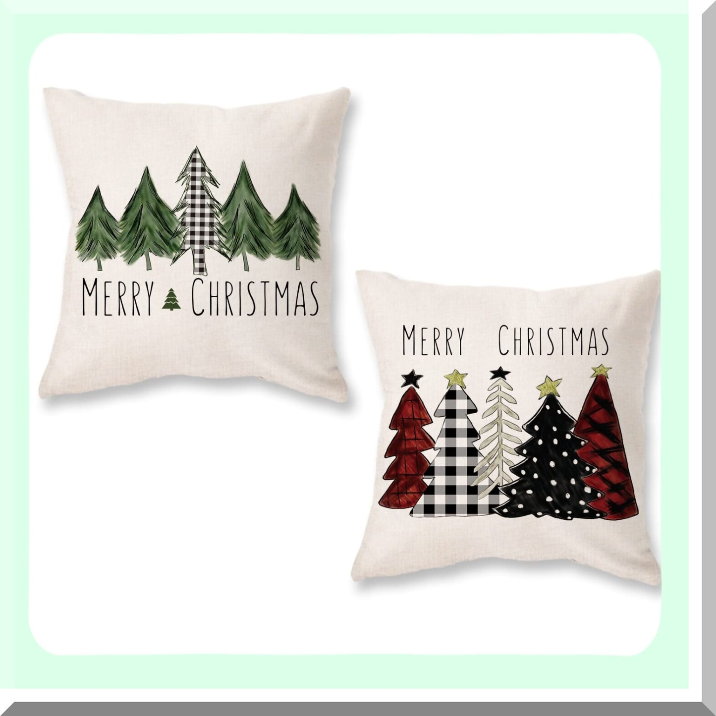 Winter Wonderland Plaid Pillowcase Set - 18x18 Inch Xmas Tree Decorative Cushion Covers for Sofa - Farmhouse Holiday Merry Red & Green Buffaloplaid
