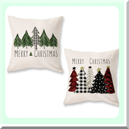 Winter Wonderland Plaid Pillowcase Set - 18x18 Inch Xmas Tree Decorative Cushion Covers for Sofa - Farmhouse Holiday Merry Red & Green Buffaloplaid