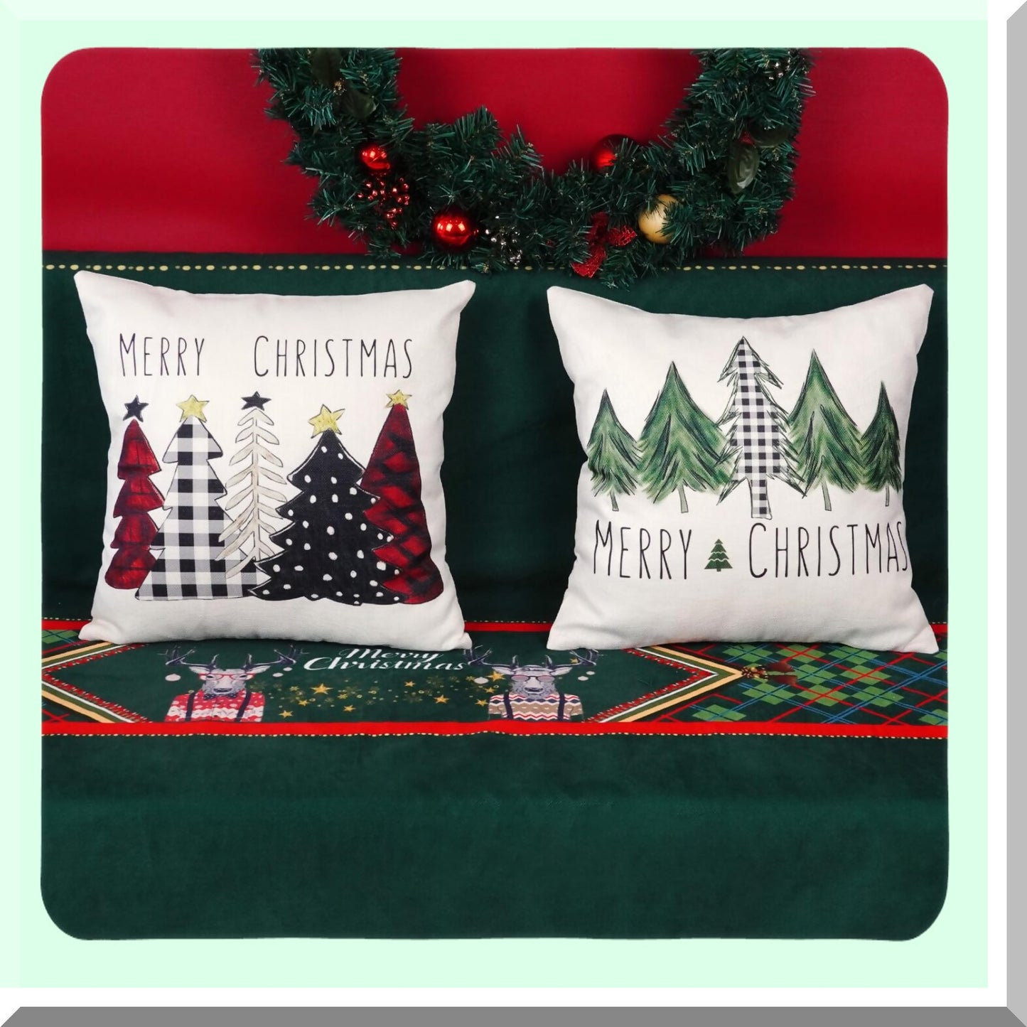 Winter Wonderland Plaid Pillowcase Set - 18x18 Inch Xmas Tree Decorative Cushion Covers for Sofa - Farmhouse Holiday Merry Red & Green Buffaloplaid